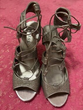 Guess Silver Metallic Lace-Up Strappy Heels